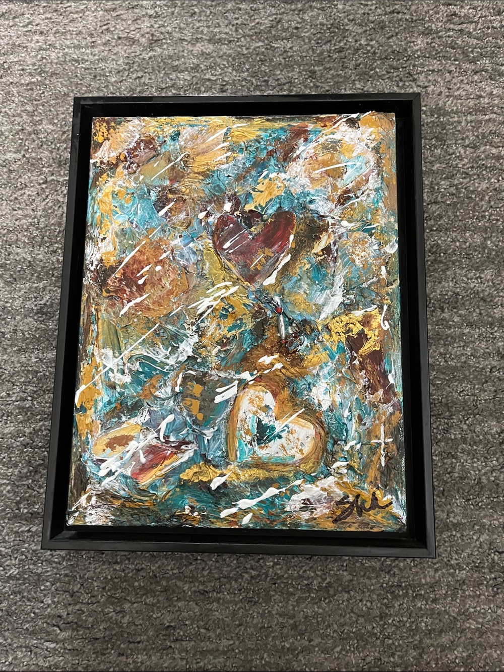 Abstract Heart Wall Art Painting in Teal, Gold and Brown 14”x11